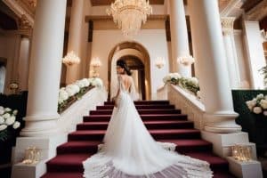 A bride standing on the stairs of a mansion.