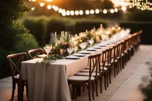 A long table set up with candles and string lights.