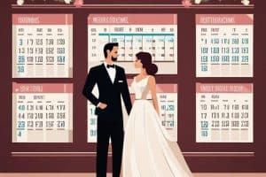 A bride and groom standing in front of a calendar.