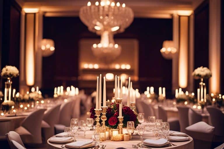 A wedding reception in a ballroom with candles and white linens.