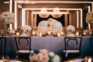 A wedding reception with white flowers and candles.