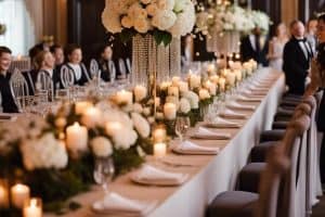 A long table with candles and flowers at a wedding reception.