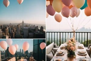 A table with balloons and a view of the city.