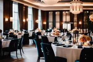 A black and white wedding reception in a hotel ballroom.