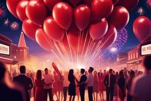 A group of people standing in front of red balloons.