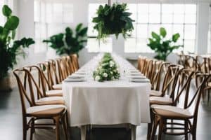 A table set up with white chairs and greenery.
