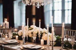 A white table setting with candles and white flowers.