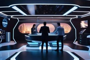 A futuristic office with people standing around a table.
