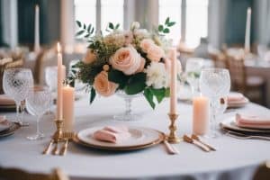 A table setting with pink flowers and gold candlesticks.