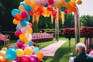 A colorful balloon arch at a wedding.