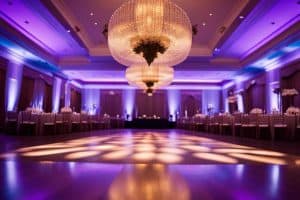 A ballroom with purple lighting and chandeliers.