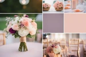 A collage of pictures of a pink and white wedding.