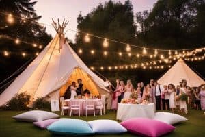 A teepee tent with people sitting around it.