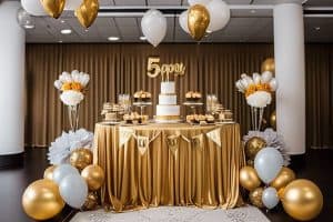 A gold birthday party with balloons and decorations.