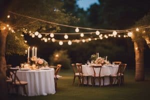 A wedding reception set up in a garden with string lights.