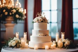 A wedding cake sits on a table with candles.