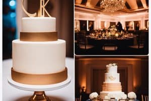 A gold and white wedding cake with a monogram.