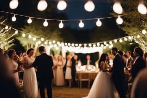 A bride and groom standing under string lights at a wedding reception.