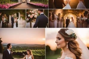A collage of photos of a bride and groom at sunset in tuscany.