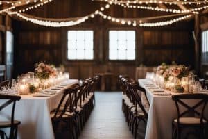 A wedding reception set up in a barn with string lights.