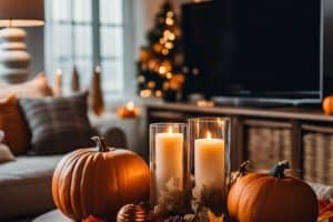 A living room with candles, pumpkins and a tv.