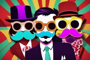 Three men with mustaches and hats on a colorful background.