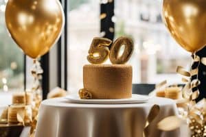 Memorable 50th birthday cake with gold balloons on a table.