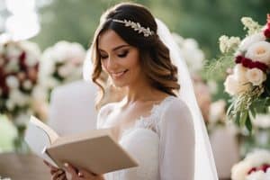 A beautiful bride reading her wedding vows.