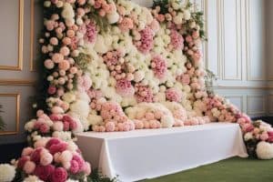 A pink and white flower wall in a room.