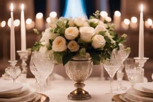 A table setting with white roses and candles.