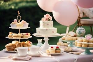 A table full of cakes and cupcakes with balloons.