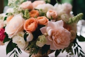 An arrangement of peach and white flowers on a table.