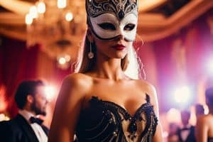 A woman wearing a masquerade mask at a party.