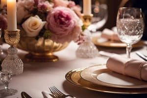 A table setting with gold and pink flowers.