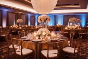 A ballroom decorated with gold and white tables and chairs.
