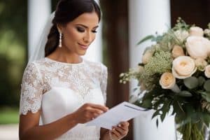 A bride in a wedding dress reading her wedding vows.