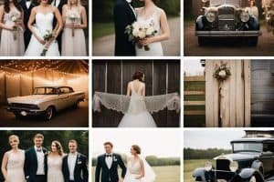 A collage of photos of brides and grooms with vintage cars.