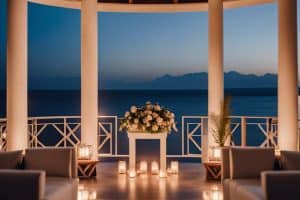 A gazebo with candles and a view of the ocean.