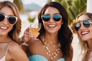Three women in sunglasses holding a glass of wine on the beach.