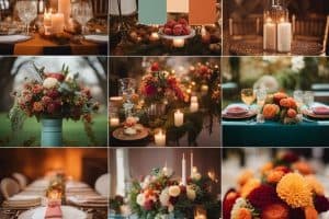A collage of pictures of autumn wedding decor.