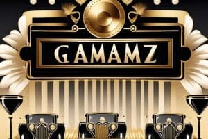 A gold and black sign with the word gammaz.