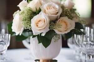 White roses in a gold vase on a table.