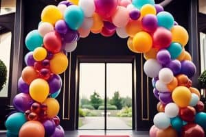 A colorful balloon arch in front of a door.