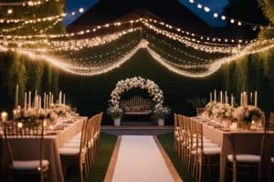 A wedding reception set up with string lights.