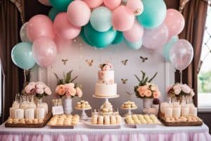 A pink and teal baby shower with balloons and cupcakes.