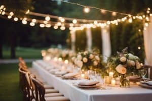 A table set up with white linens and string lights.