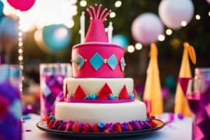 A colorful birthday cake sits on top of a table.