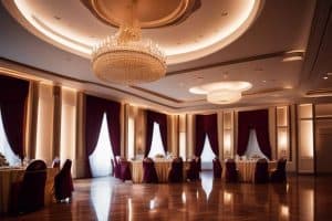 A large ballroom with chandeliers and tables.