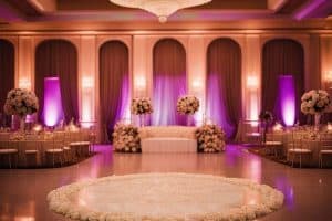 A wedding reception in a large ballroom with purple lighting.