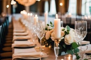 A long table with candles and white flowers.